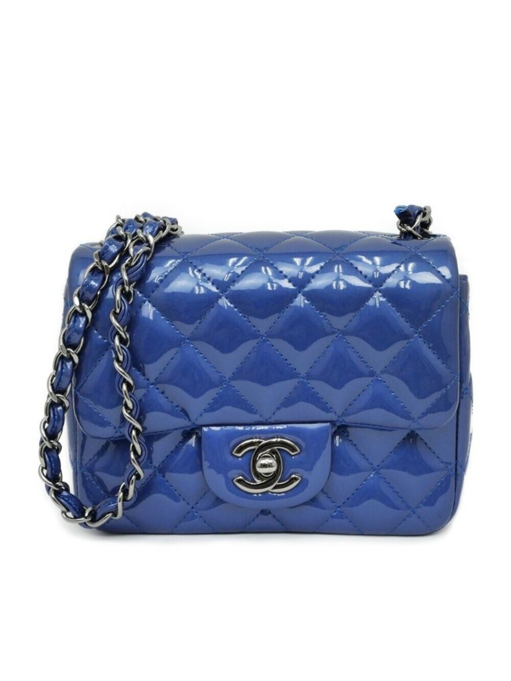 Chanel Mini Quilted Chain Shoulder Blue Gunmetal Patent Leather Enamel